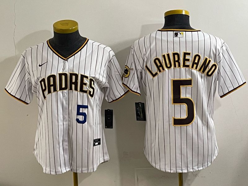Women San Diego Padres #5 Laureano White Stripe Nike 2025 MLB Jersey 06->women mlb jersey->Women Jersey